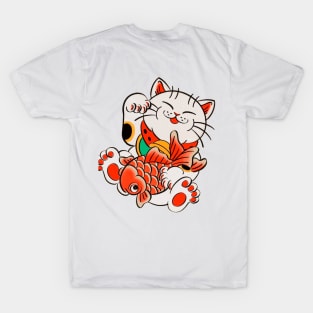 gato estilo japones con un pez T-Shirt